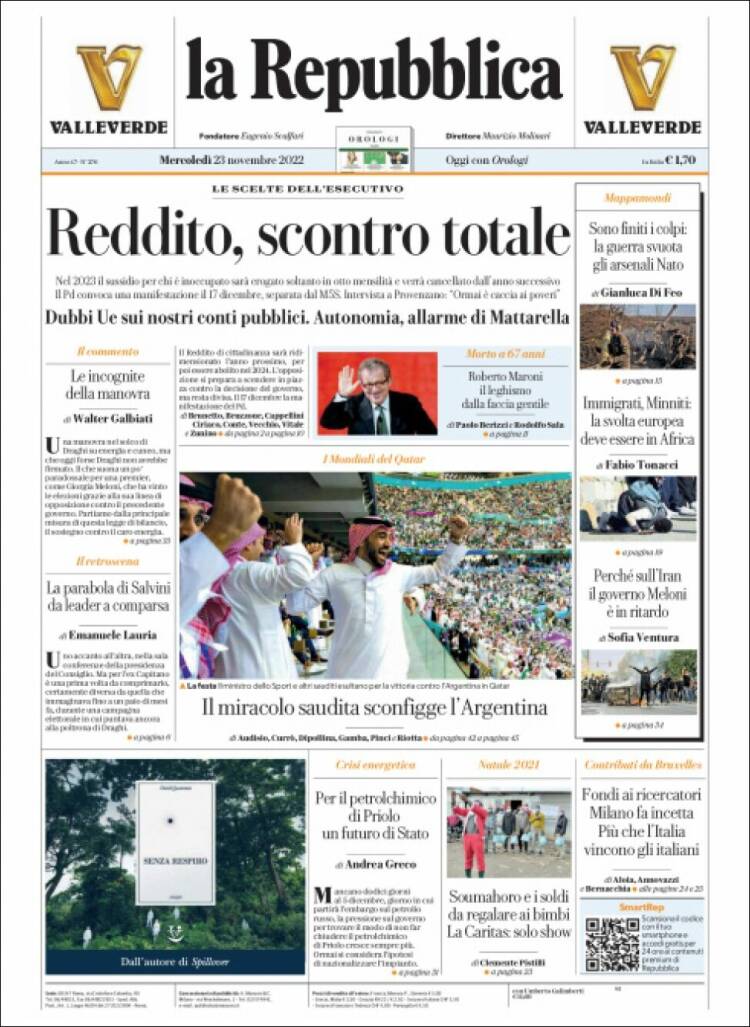 Portada de La Repubblica (Italie)