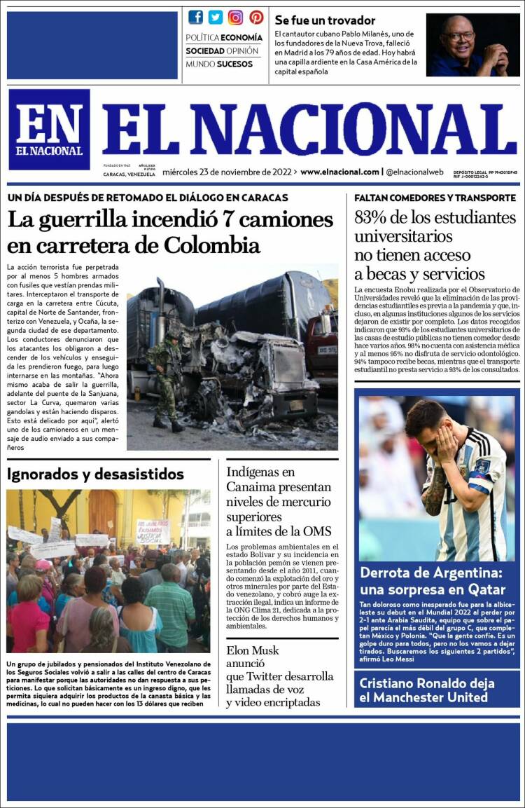Portada de El Nacional (Venezuela)