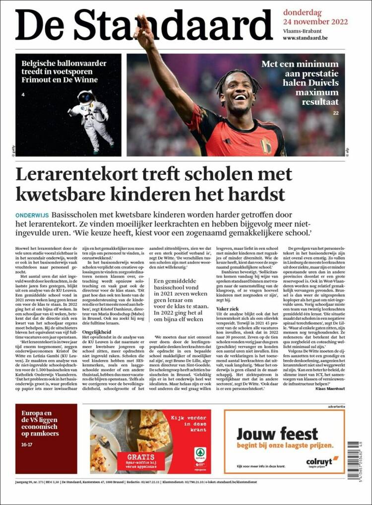 Portada de De Standaard (Bélgica)