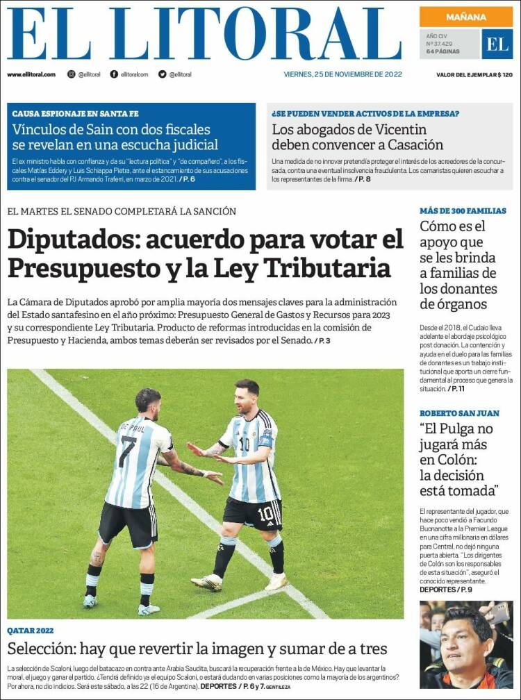 Portada de Diario El Litoral (Argentina)