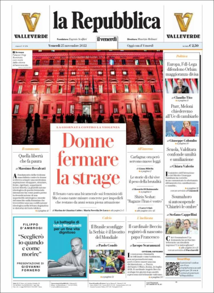 Portada de La Repubblica (Italia)