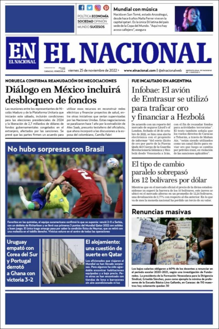 Portada de El Nacional (Venezuela)