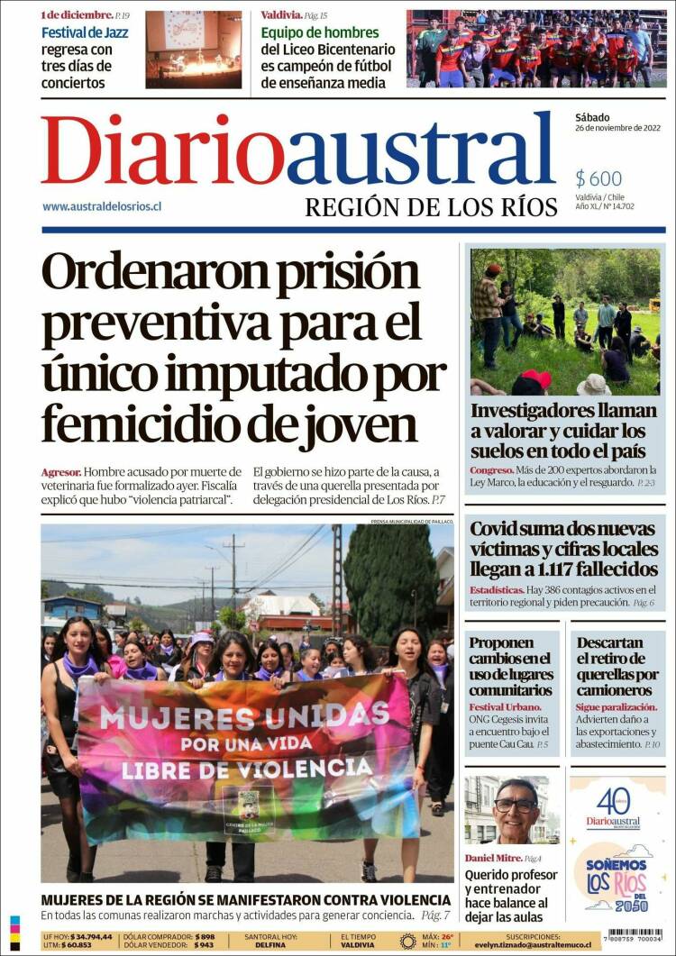 Portada de El Diario Austral de Valdivia (Chile)