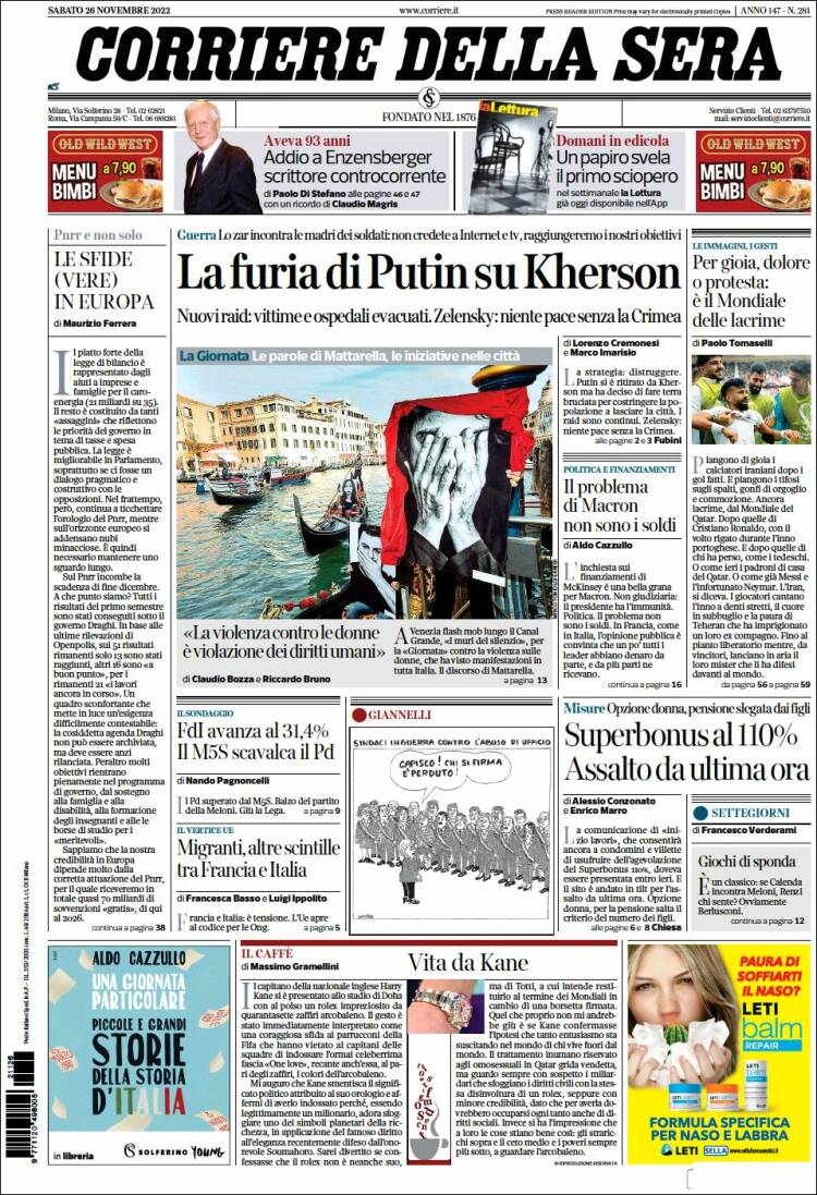 Portada de Corriere della Sera (Italia)