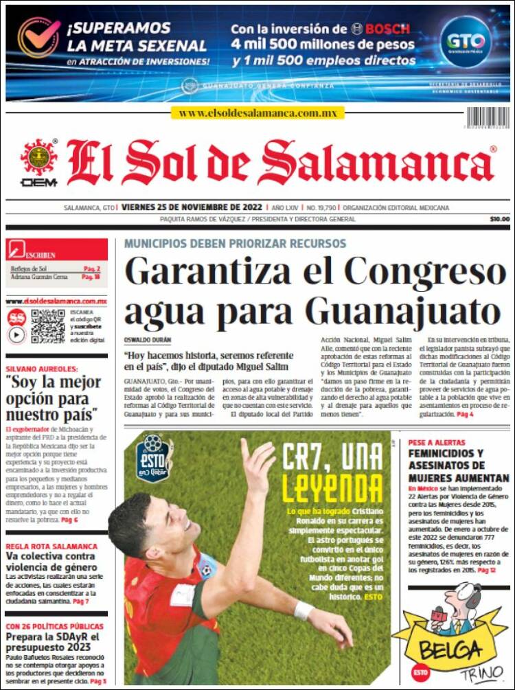 Portada de El Sol de Salamanca (México)