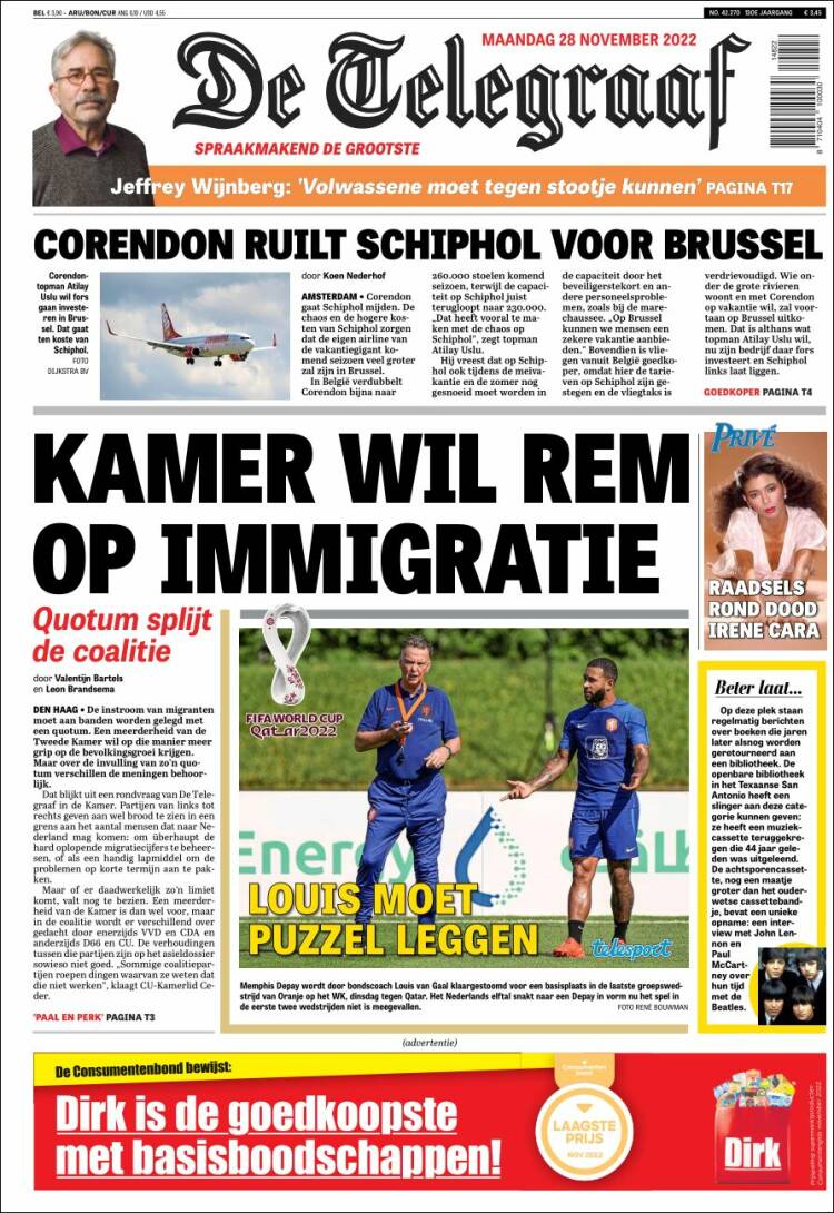 Portada de De Telegraaf (Pa&iacute;ses Bajos)