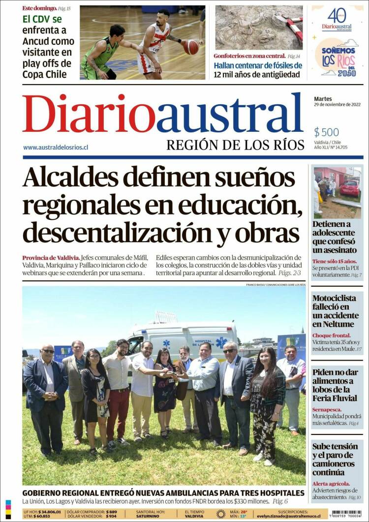 Portada de El Diario Austral de Valdivia (Chile)