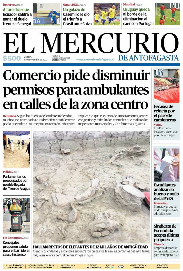 Portada de El Mercurio de Antofagasta (Chile)