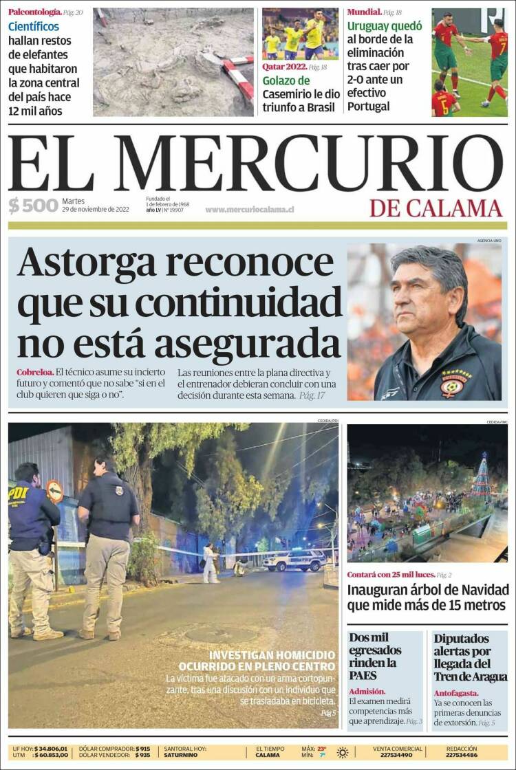 Portada de El Mercurio - Calama (Chile)