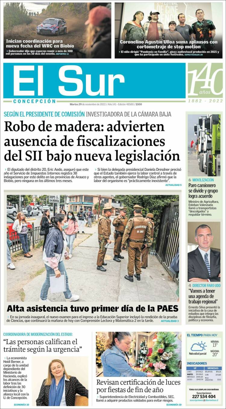 Portada de El Sur (Chile)