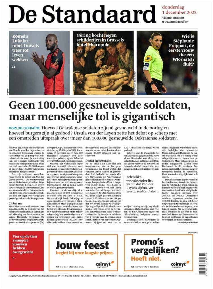 Portada de De Standaard (B&eacute;lgica)