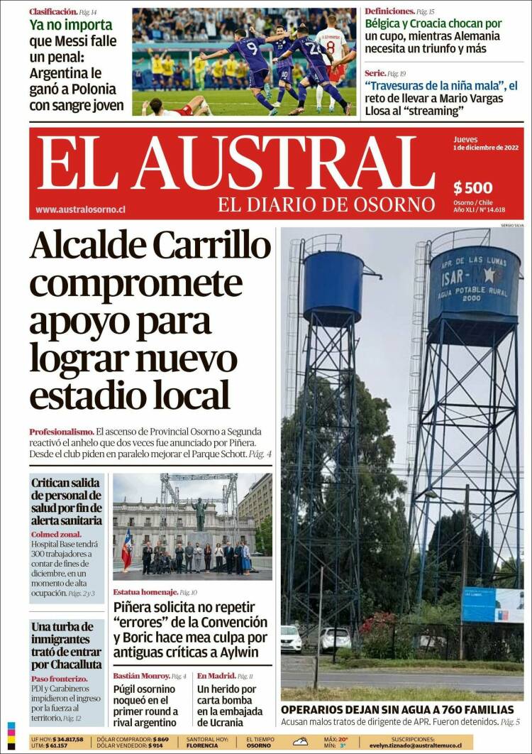Portada de El Austral de Osorno (Chili)