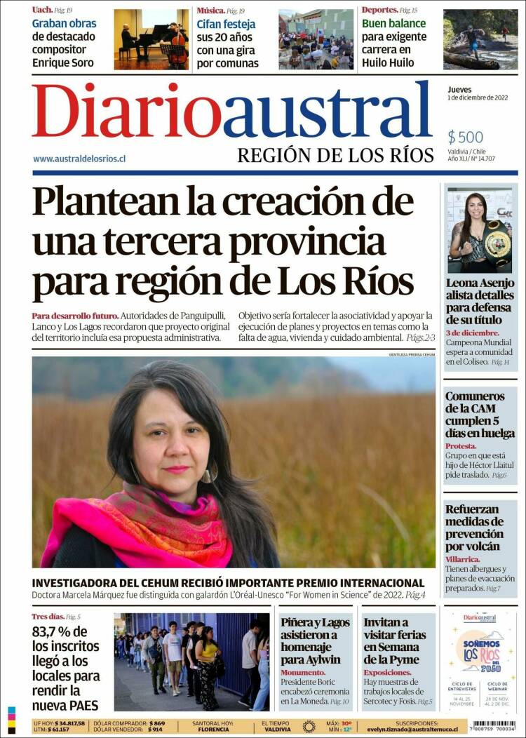 Portada de El Diario Austral de Valdivia (Chili)