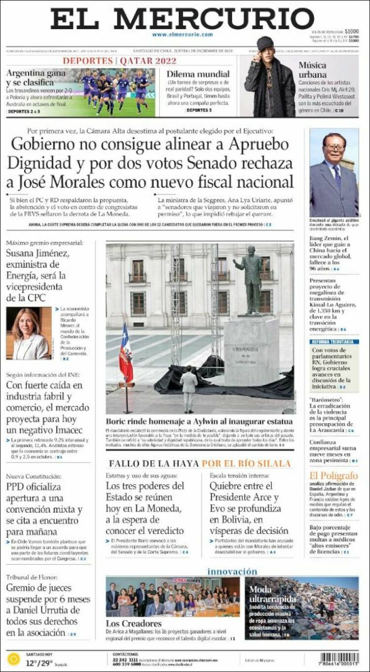 Portada de El Mercurio (Chili)