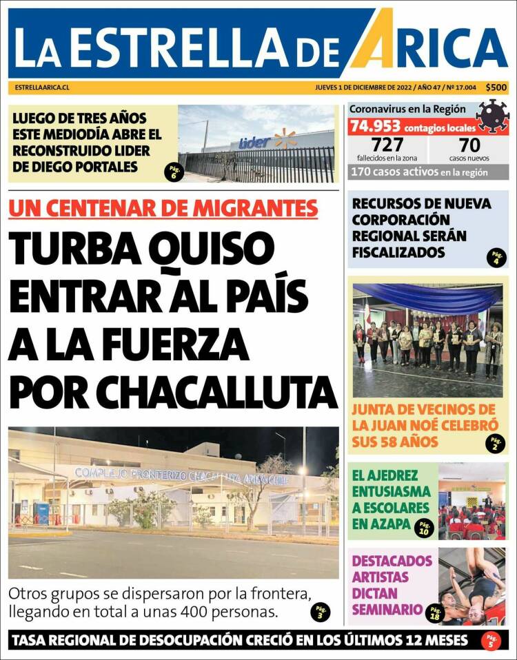 Portada de La Estrella de Arica (Chili)