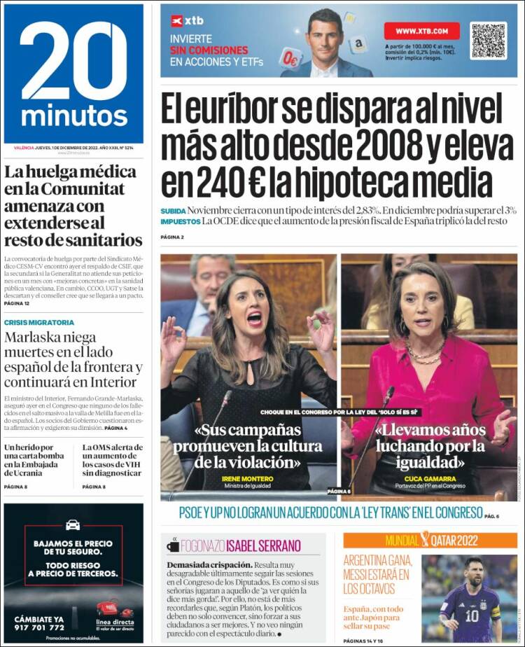 Portada de 20 Minutos - Valencia (España)