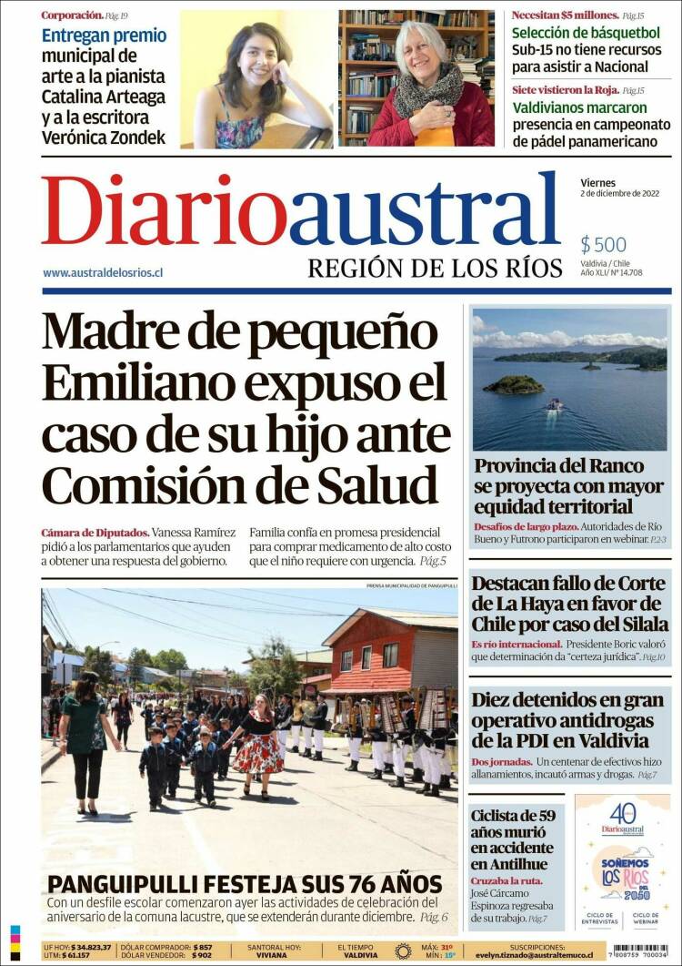 Portada de El Diario Austral de Valdivia (Chile)