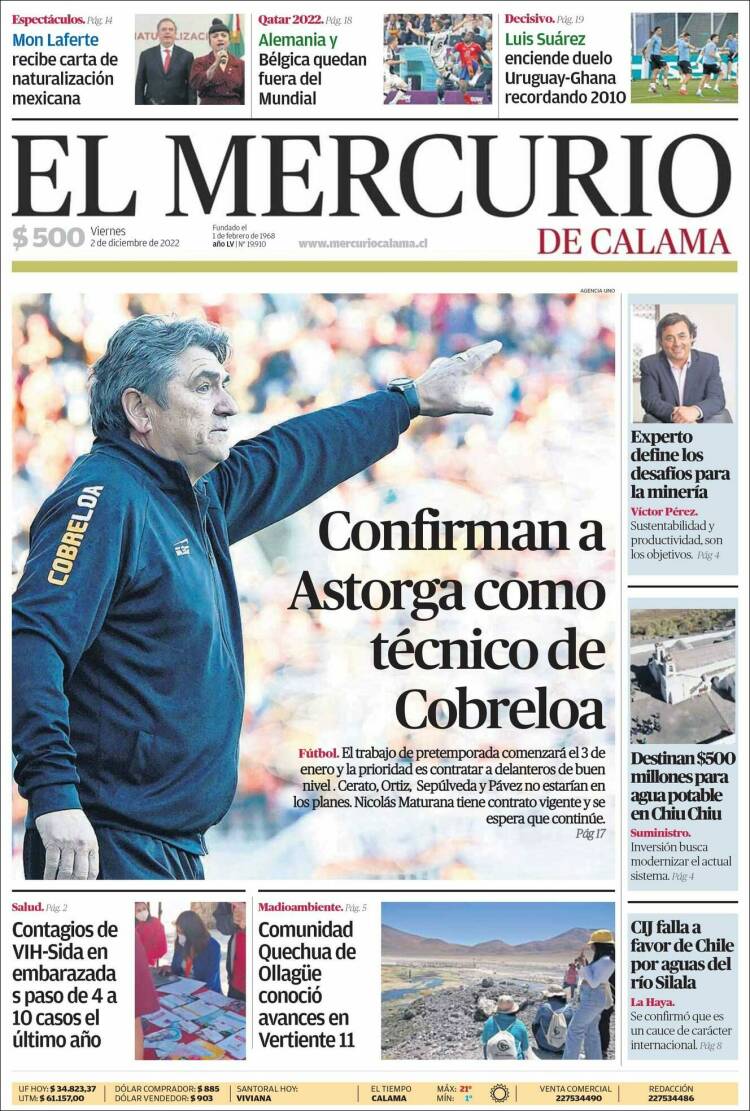 Portada de El Mercurio - Calama (Chile)