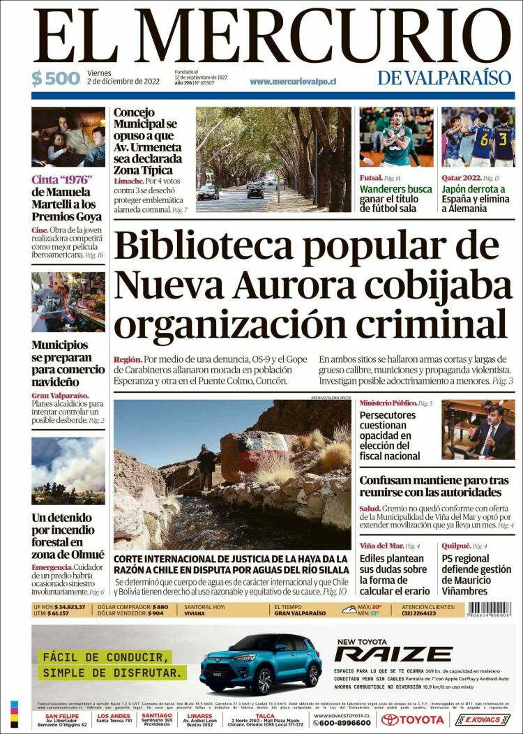 Portada de Mercurio de Valparaiso (Chile)