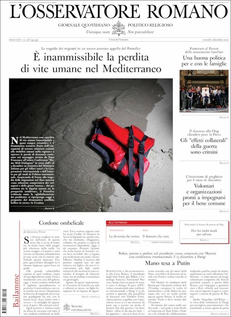 Portada de L'Osservatore Romano (Italia)