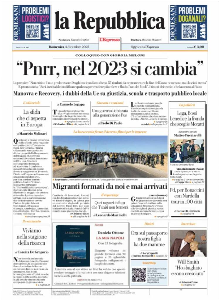 Portada de La Repubblica (Italia)