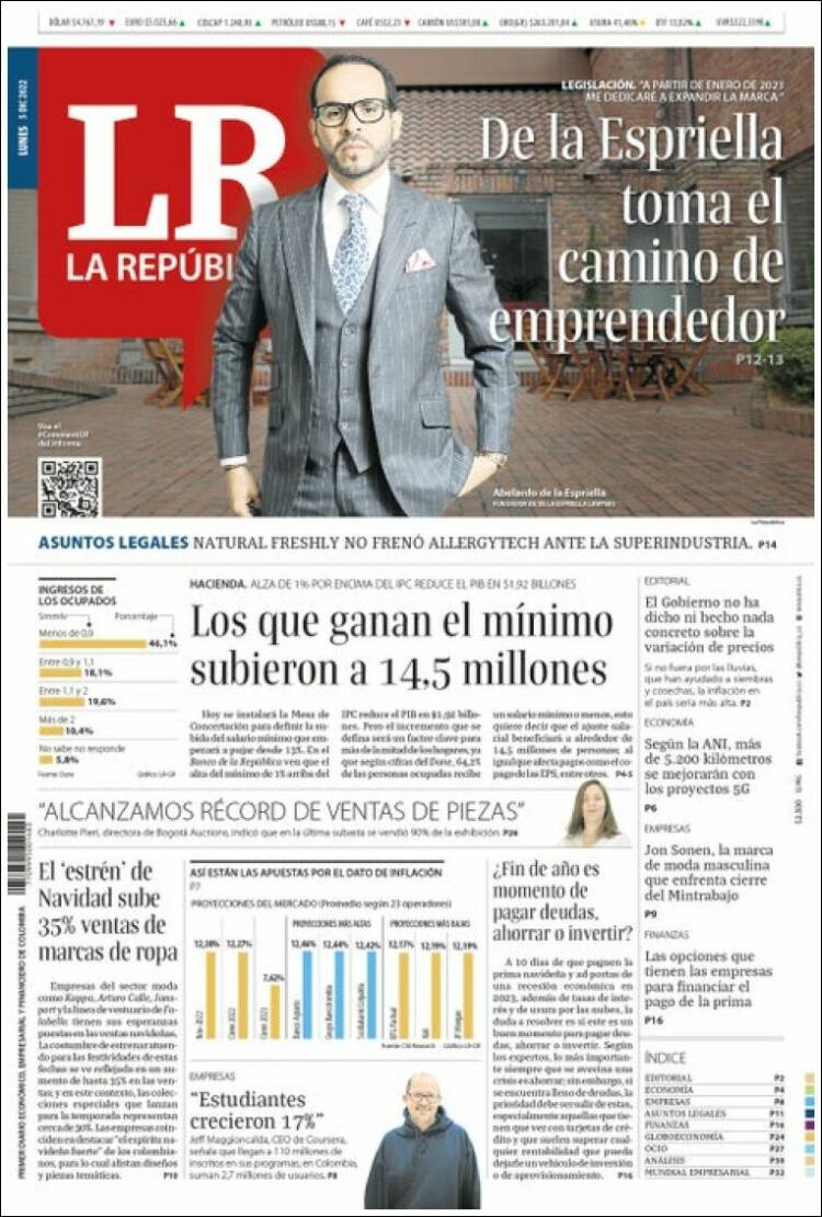 Portada de La Republica (Colombia)