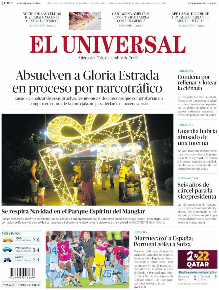 Portada de El Universal (Colombia)
