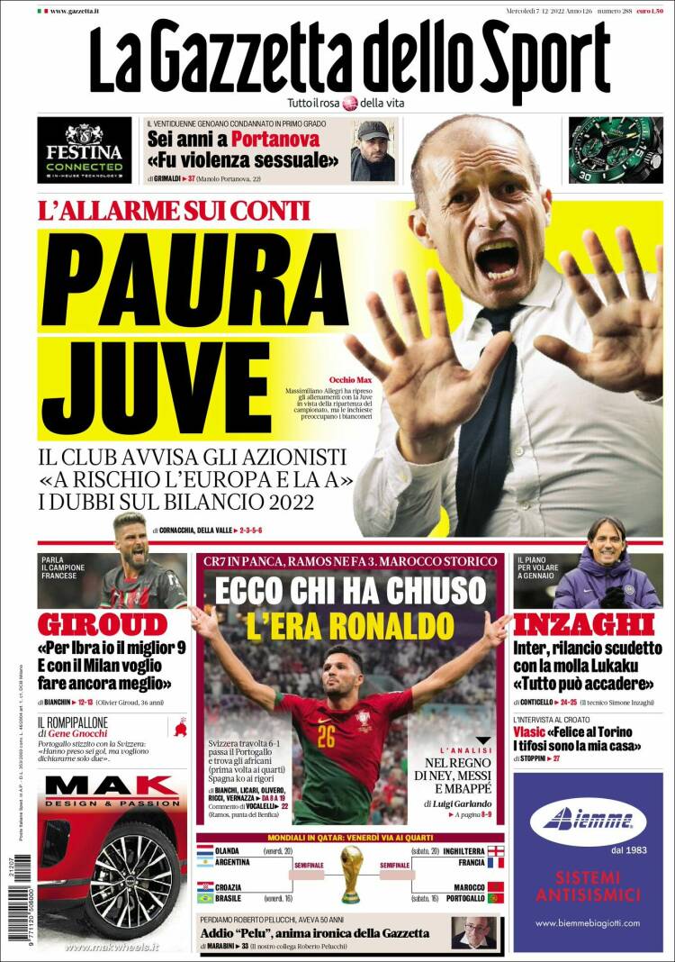 Portada de La Gazzetta dello Sport (Italia)