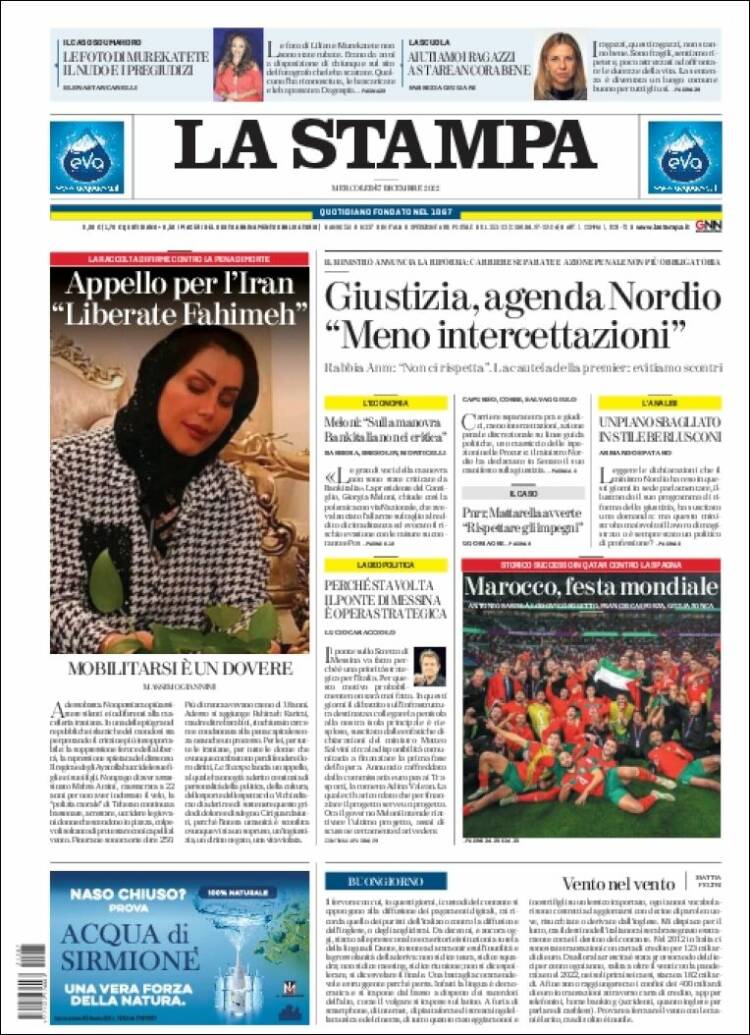Portada de La Stampa (Italia)