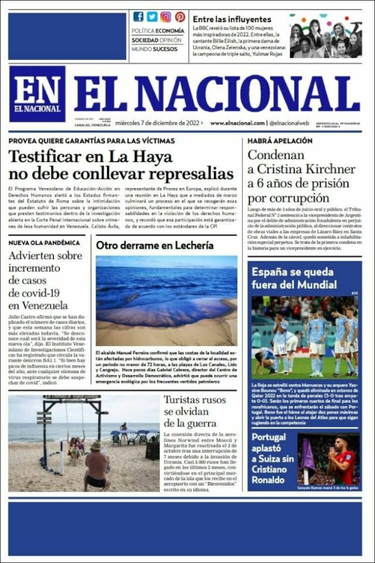 Portada de El Nacional (Venezuela)