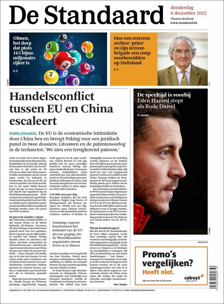 Portada de De Standaard (B&eacute;lgica)