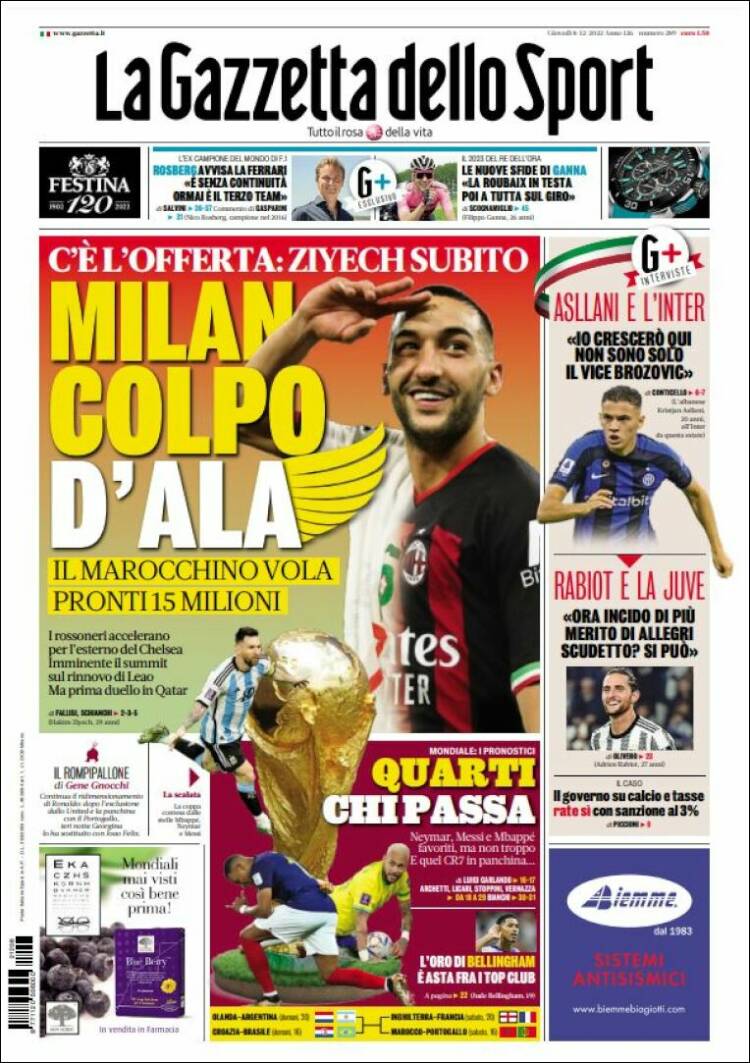 Portada de La Gazzetta dello Sport (Italia)