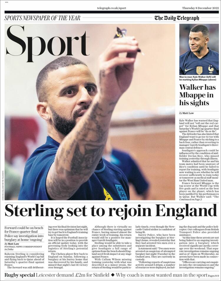 Portada de Telegraph Sport (Reino Unido)