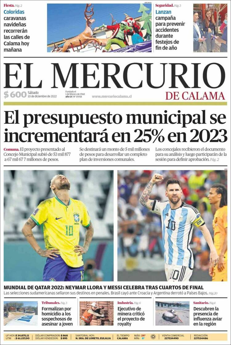 Portada de El Mercurio - Calama (Chile)