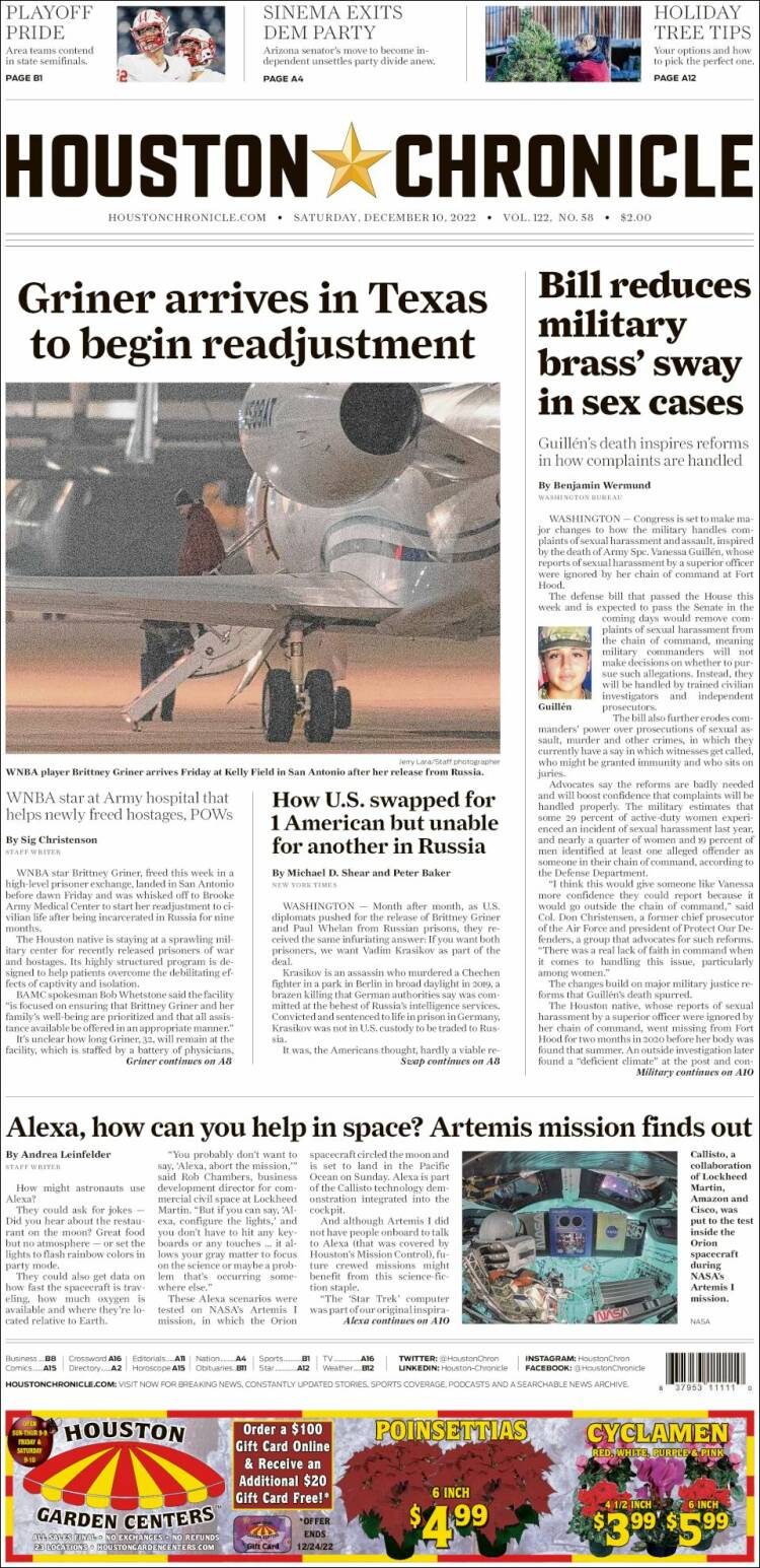 Portada de Houston Chronicle (USA)