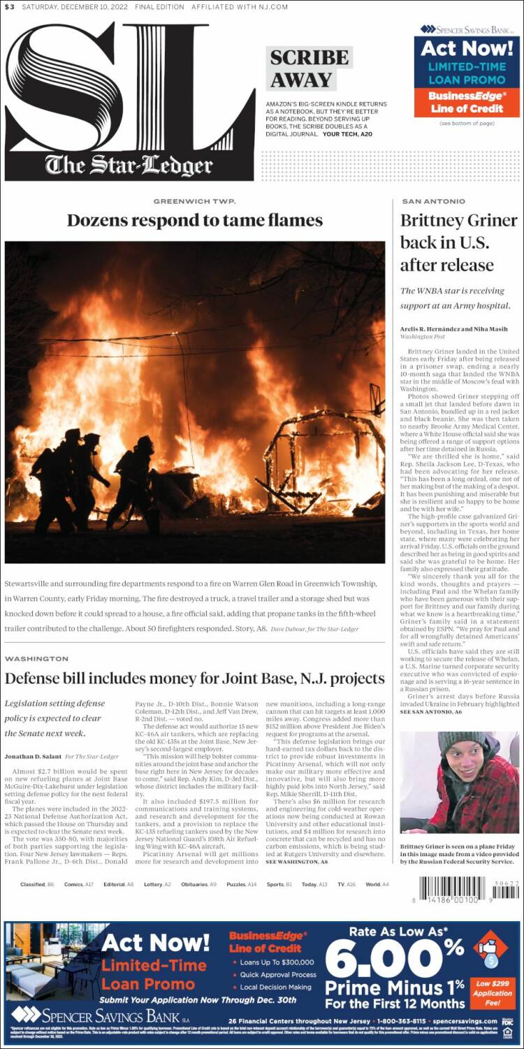 Portada de Star-Ledger (USA)