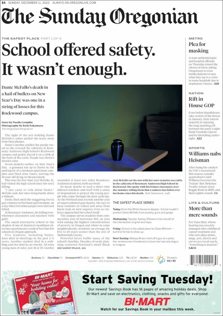 Portada de The Oregonian (USA)