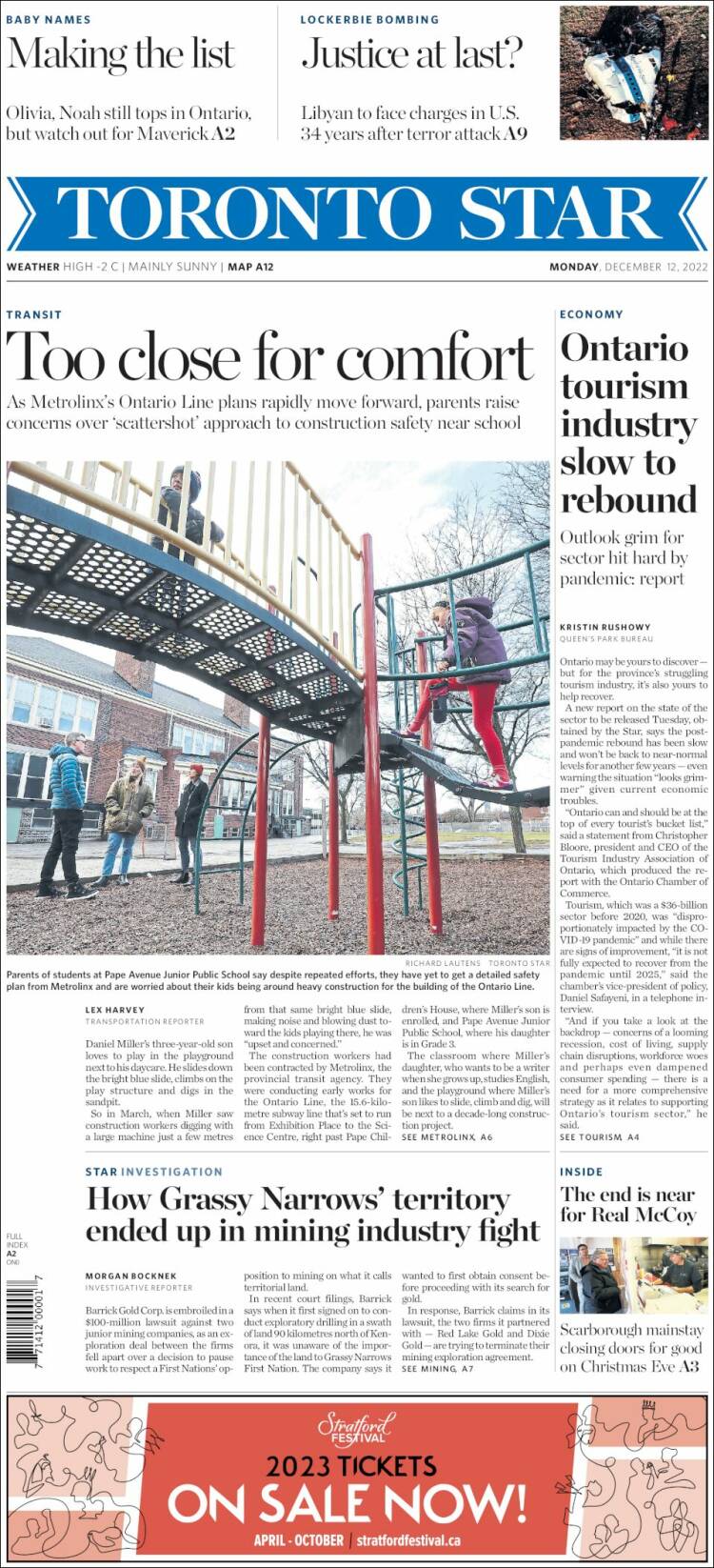 Portada de The Toronto Star (Canada)