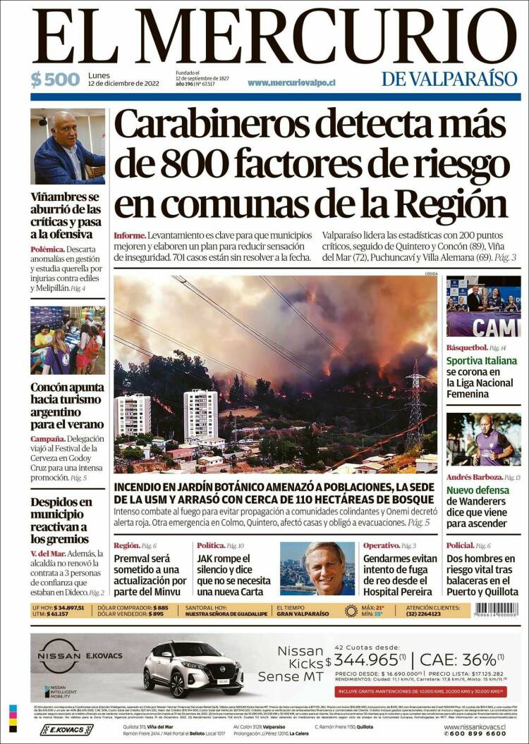 Portada de Mercurio de Valparaiso (Chile)