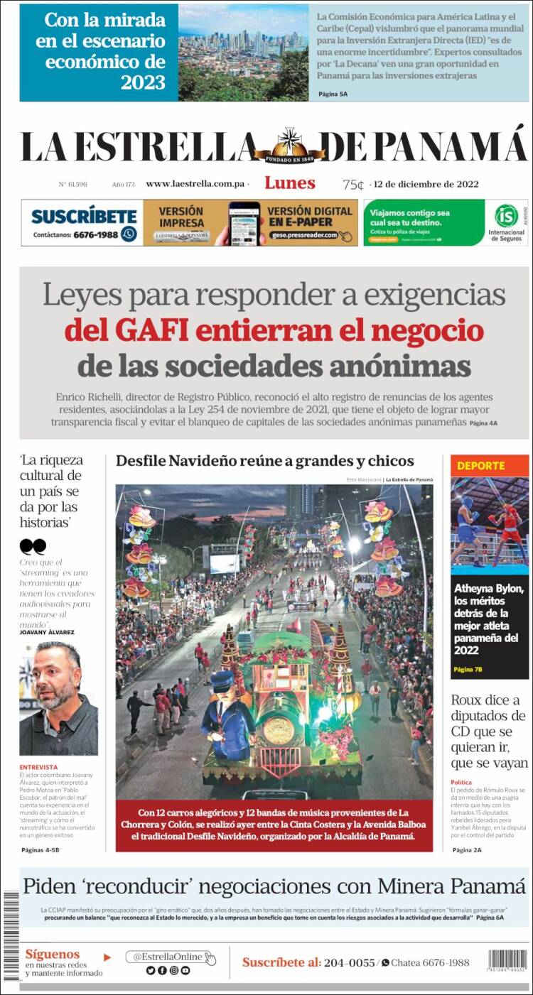 Portada de La Estrella de Panamá (Panam&aacute;)