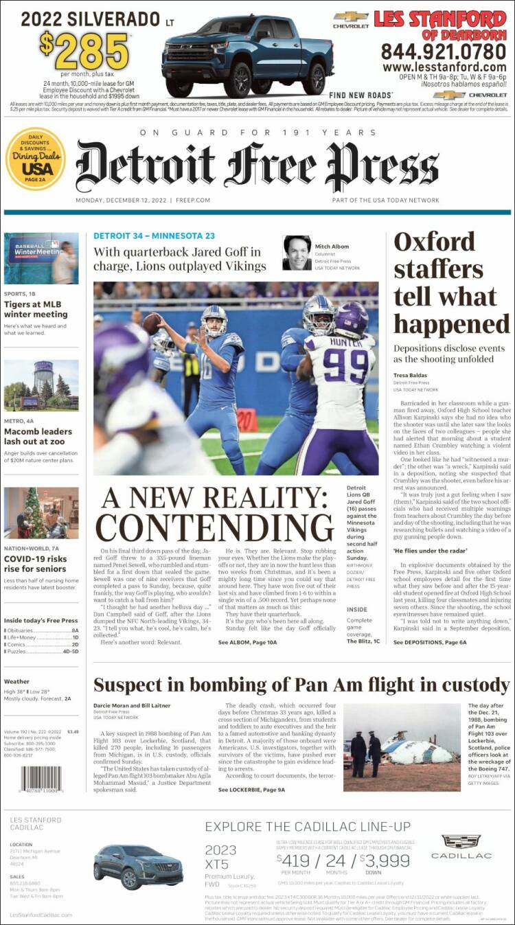 Portada de Detroit Free Press (USA)