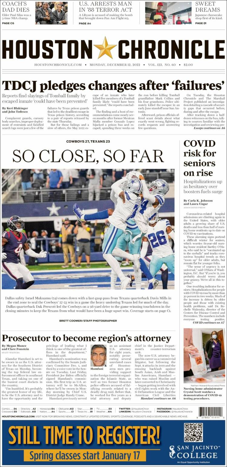 Portada de Houston Chronicle (USA)