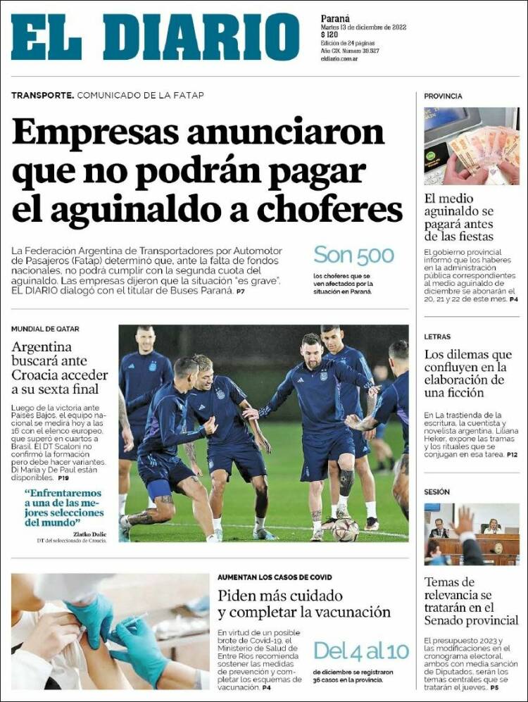 Portada de El Diario de Paraná (Argentina)