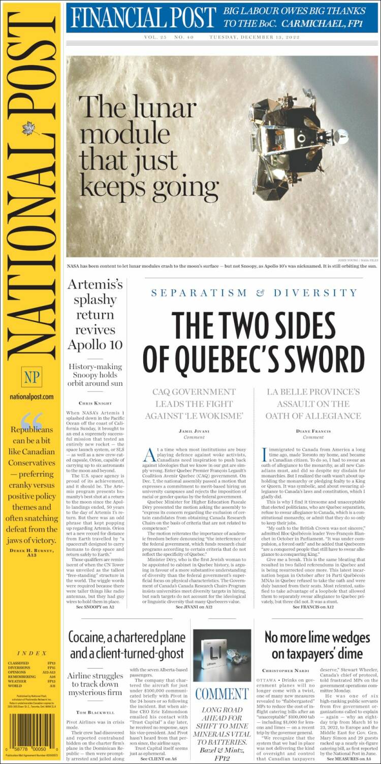 Portada de The National Post (Canada)