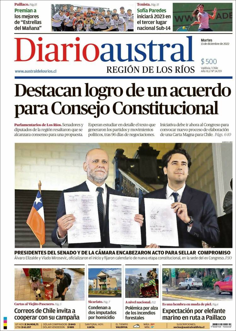 Portada de El Diario Austral de Valdivia (Chili)