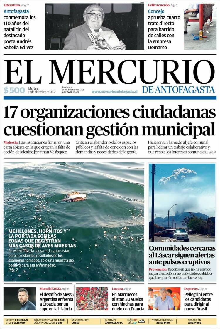 Portada de El Mercurio de Antofagasta (Chili)