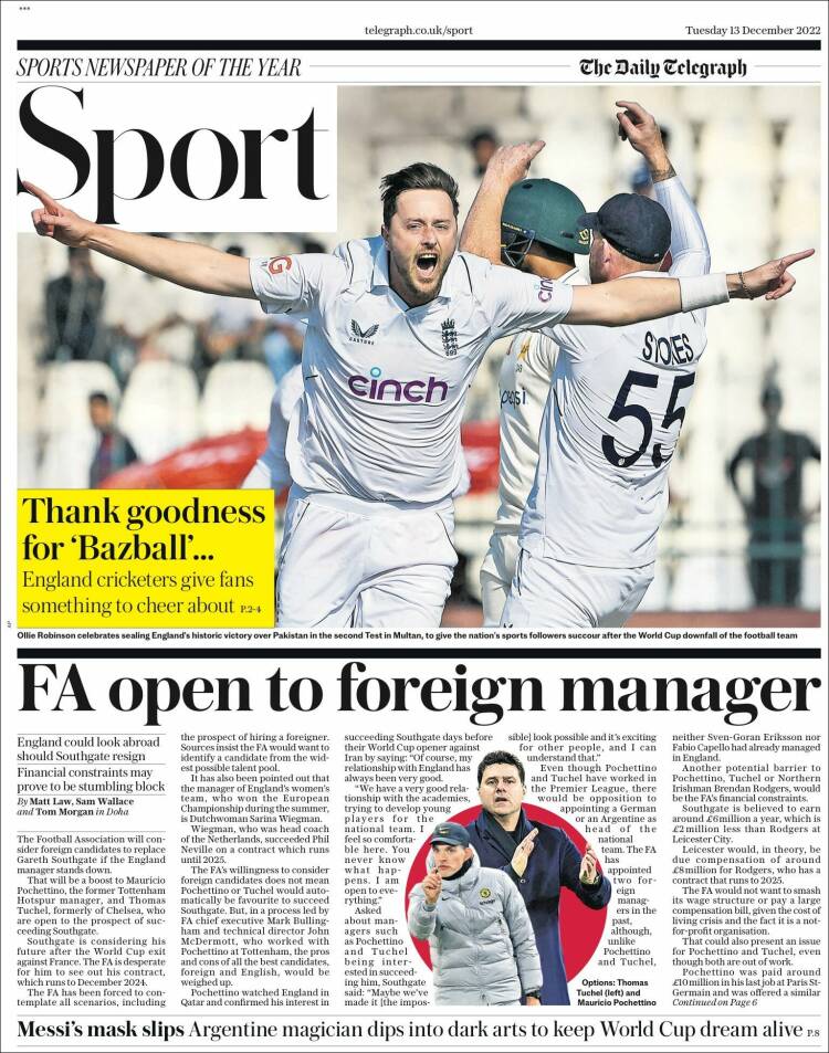 Portada de Telegraph Sport (Reino Unido)