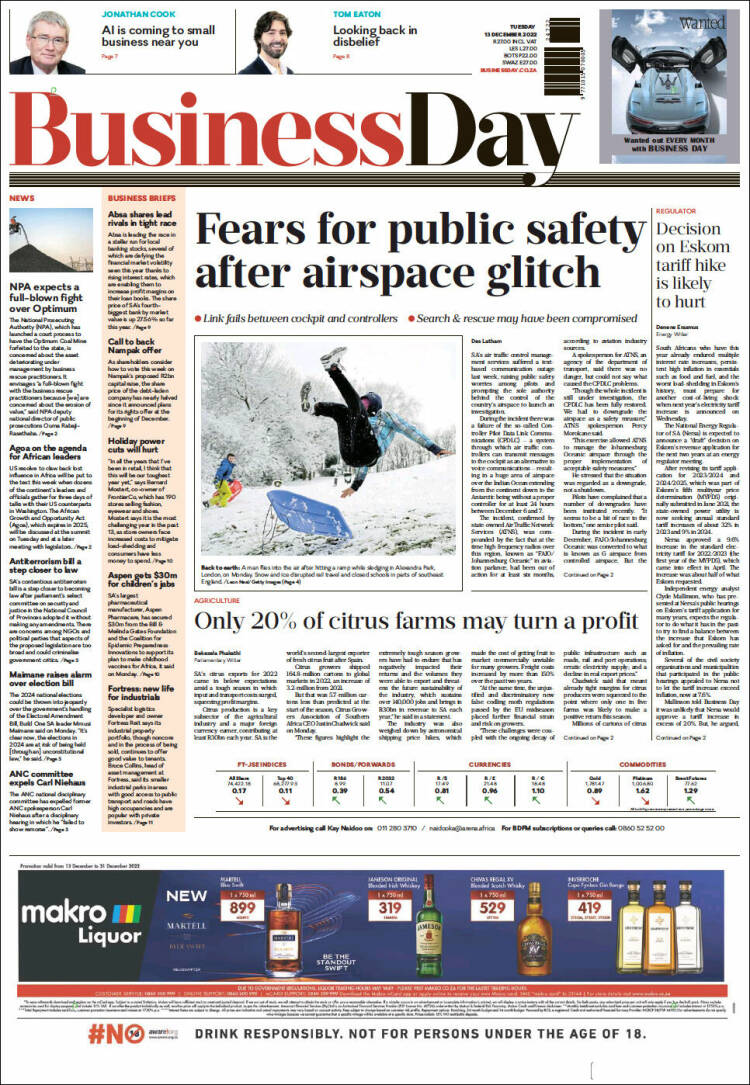 Portada de Business Day (Sud&aacute;frica)