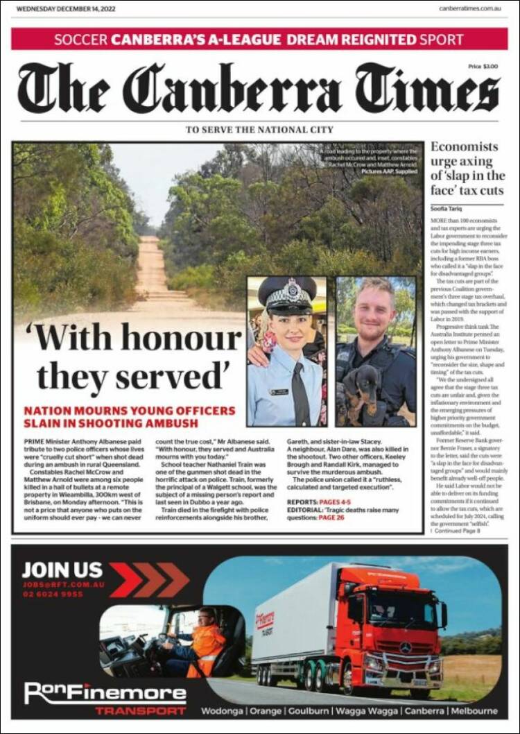 Portada de The Canberra Times (Australia)