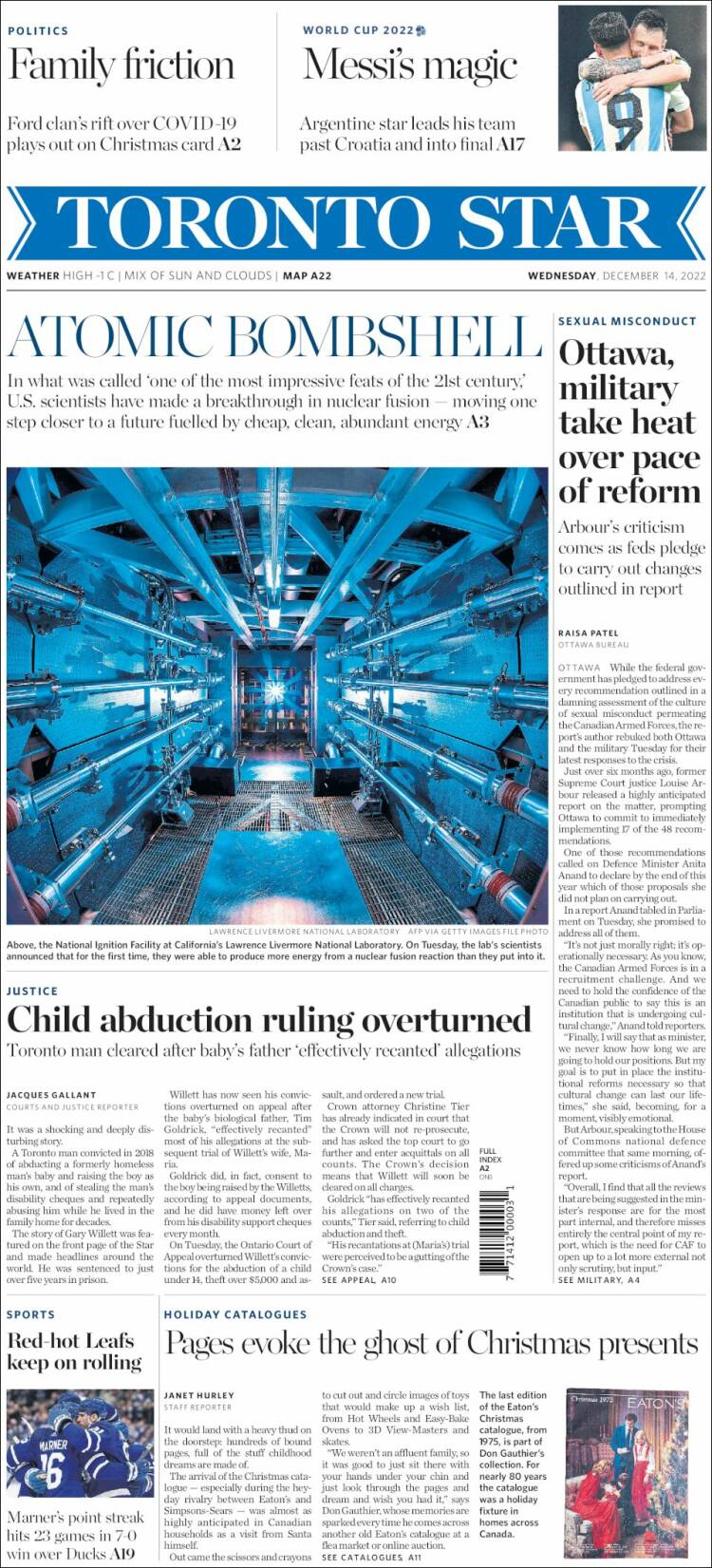 Portada de The Toronto Star (Canadá)